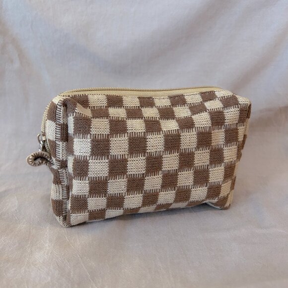 Brand New Small Brown and Cream Checkered Fabric Pouch - Picture 3 of 6